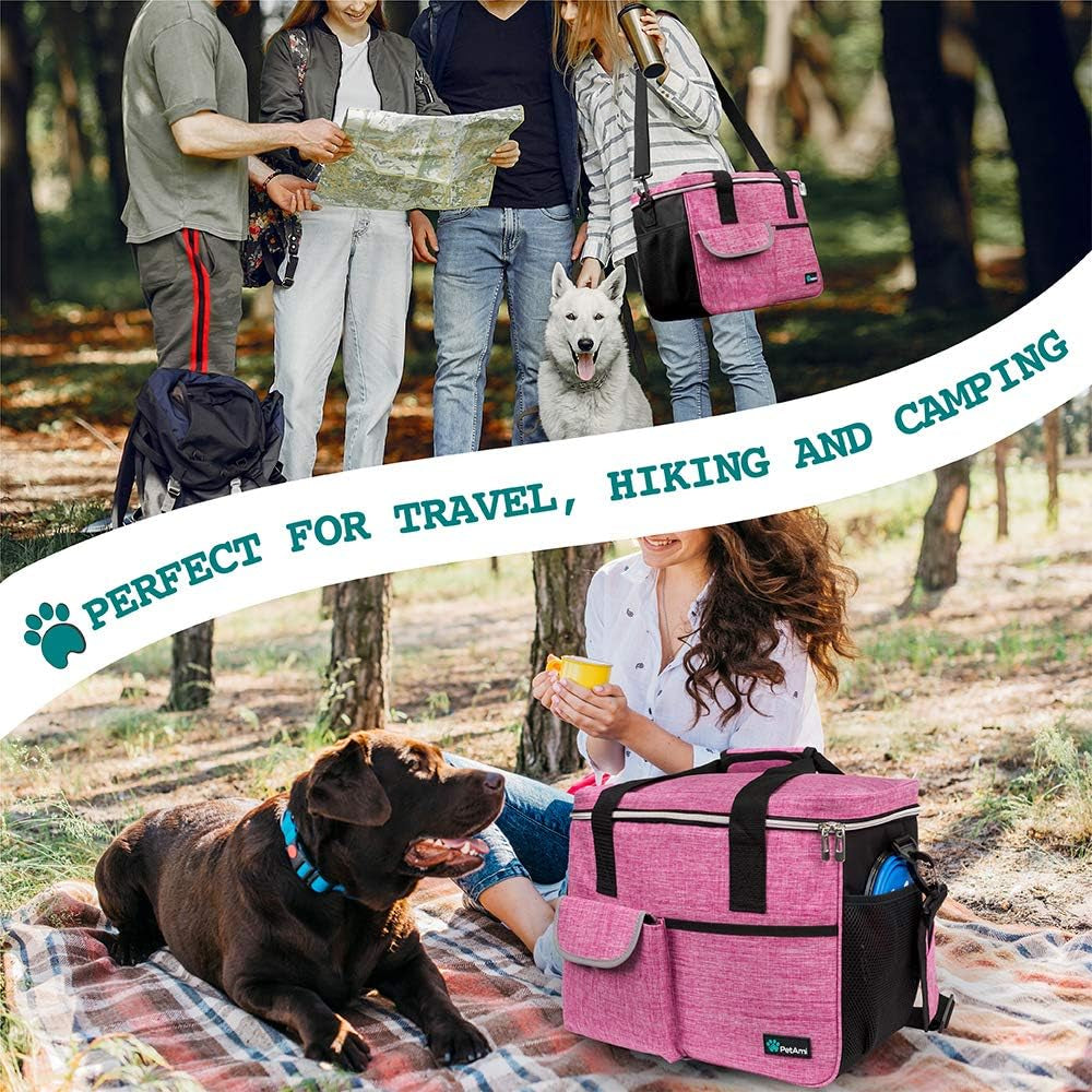 Dog Travel Bag Organizer, Pet Travel Kit with 2 Food Containers & 2 Collapsible Dog Bowls, Pet Supplies Tote with Luggage Sleeve, Weekend Road Trip Camping Essentials, Pink, Medium