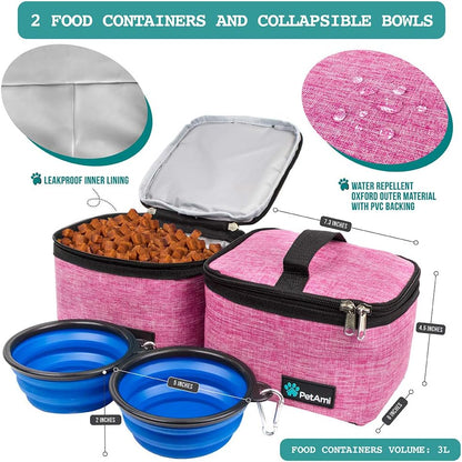 Dog Travel Bag Organizer, Pet Travel Kit with 2 Food Containers & 2 Collapsible Dog Bowls, Pet Supplies Tote with Luggage Sleeve, Weekend Road Trip Camping Essentials, Pink, Medium