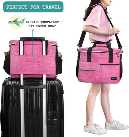 Dog Travel Bag Organizer, Pet Travel Kit with 2 Food Containers & 2 Collapsible Dog Bowls, Pet Supplies Tote with Luggage Sleeve, Weekend Road Trip Camping Essentials, Pink, Medium