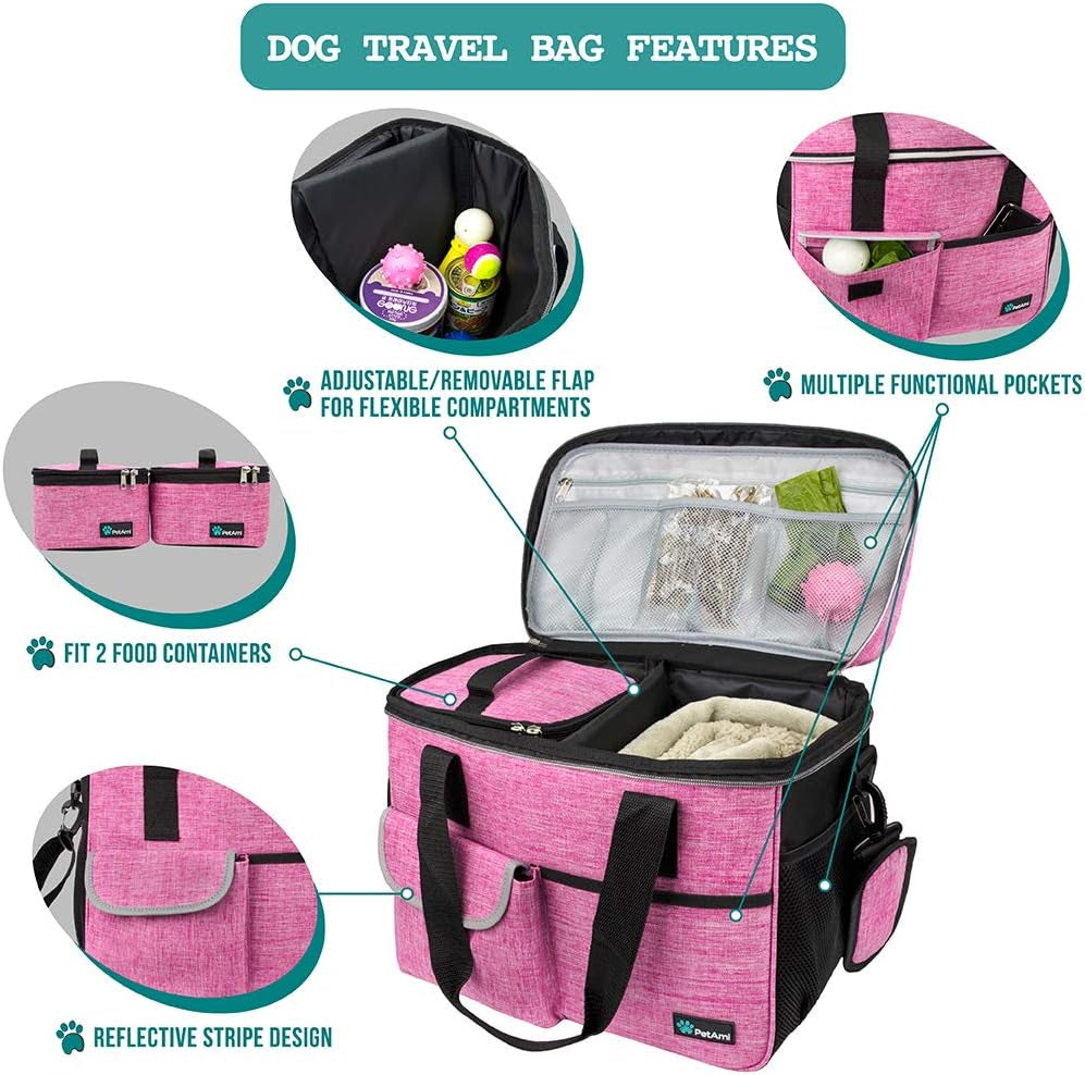 Dog Travel Bag Organizer, Pet Travel Kit with 2 Food Containers & 2 Collapsible Dog Bowls, Pet Supplies Tote with Luggage Sleeve, Weekend Road Trip Camping Essentials, Pink, Medium